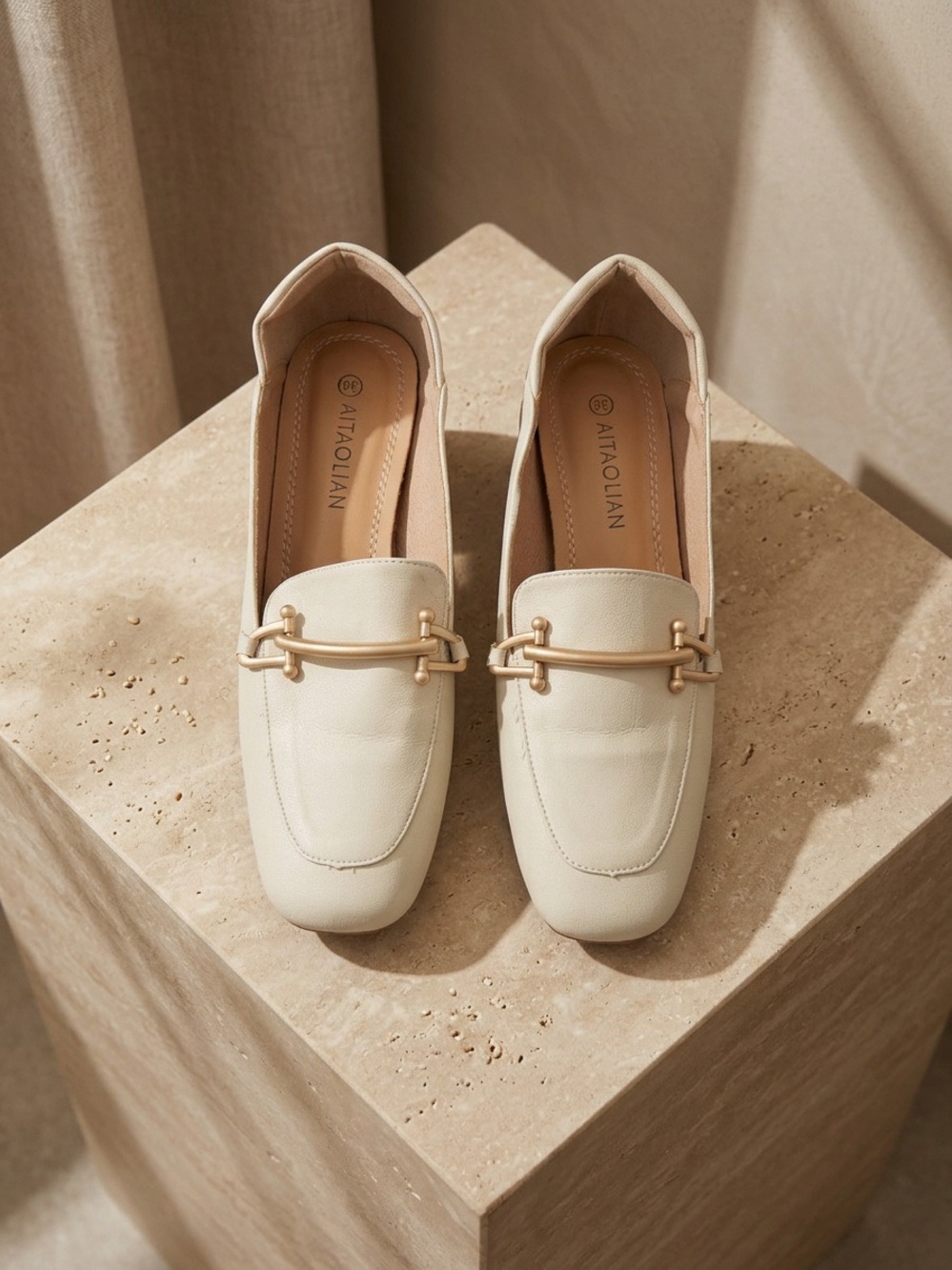 Women's Cream Leather Loafers with Gold Accent - Picture 1 of 11